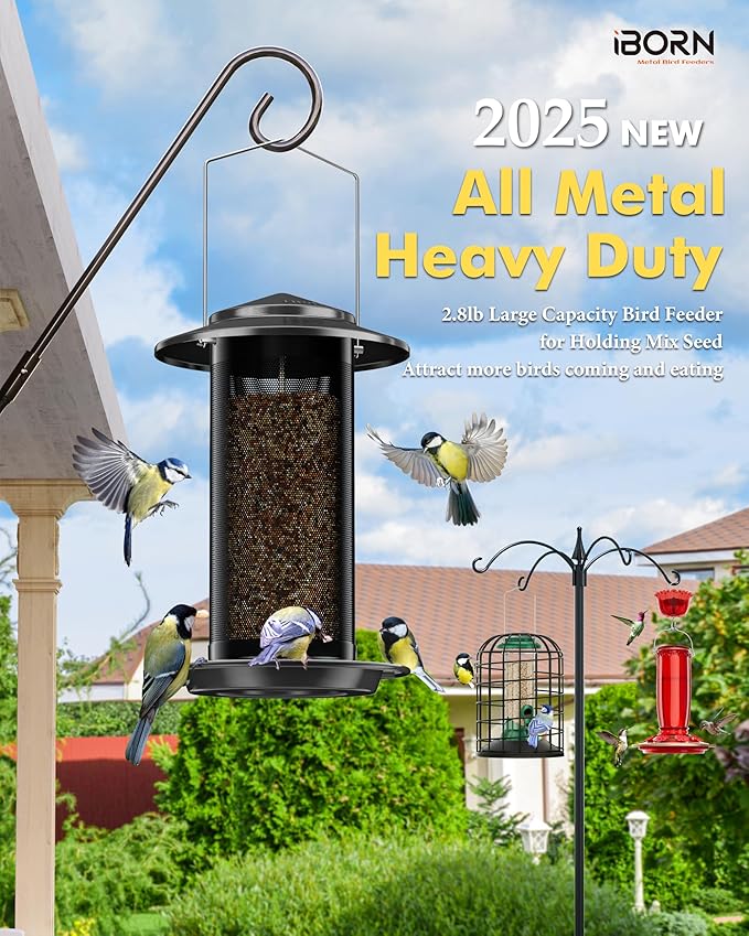 iBorn Bird Feeders for Outdoors, All Metal Mesh Tube, Holding Bird Seed for Outside Feeders,18cm Large Roof, Black, 2.8lb(Seed is not Included)-Ruum Studio Home