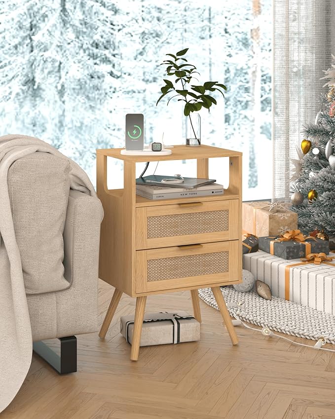Rattan Nightstand with Charging Station,Modern Bedside Table with 2 Storage Drawer and Open Wood Shelf, for Bedroom and Small Spaces,Night Stand with Solid Wood Legs (Yellow Oak)-Ruum Studio Home