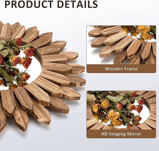 Honiway Boho Wall Decor Mirror 2 Pack Rustic Wood Mirror 12 inch Boho Mirror Home Decor Farmhouse Room Decorations for Bedroom Living Room Carbonized Black-Ruum Studio Home