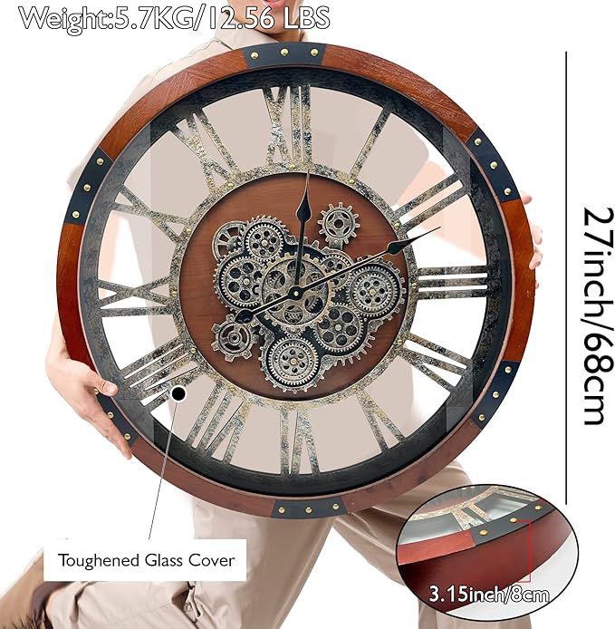 Large Wall Clock for Living Room Decor, 27 Inches Oversized Vintage Wood Decorative Steampunk Farmhouse Wall Clock for Rustic, Retro, Industrial,Kitchen,Office,Working Gears-Ruum Studio Home