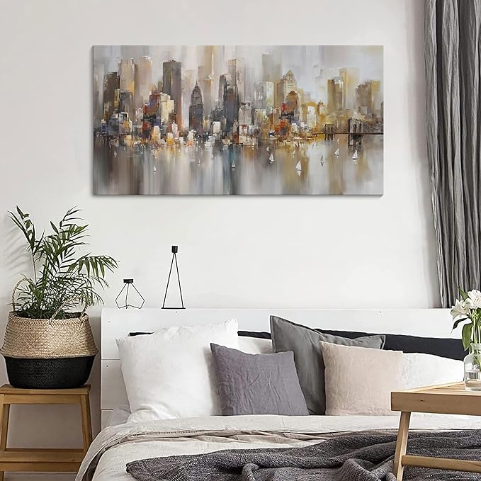New York City Wall Art - Modern Abstract Wall Art for Living Room, Office & Bedroom Cityscape & Paintings for Bedroom brooklyn bridge Wall Art Pictures Wall Decor Chicago Artwork for Walls 24×48IN-Ruum Studio Home
