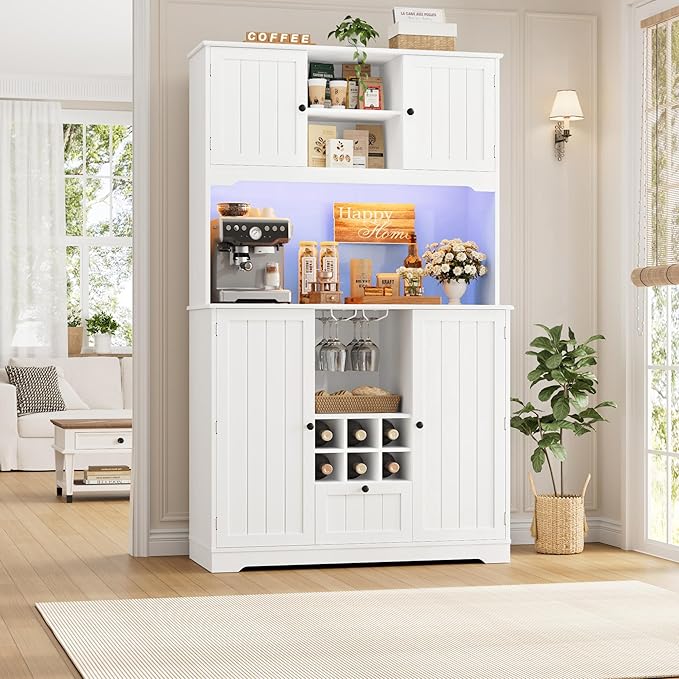 FINETONES 71" Pantry Cabinet with 7-Color LED Light and Charging Station, Kitchen Pantry Cabinet with Microwave Stand, Kitchen Hutch Food Storage Cabinet with Outlet and Wine Racks, White-Ruum Studio Home