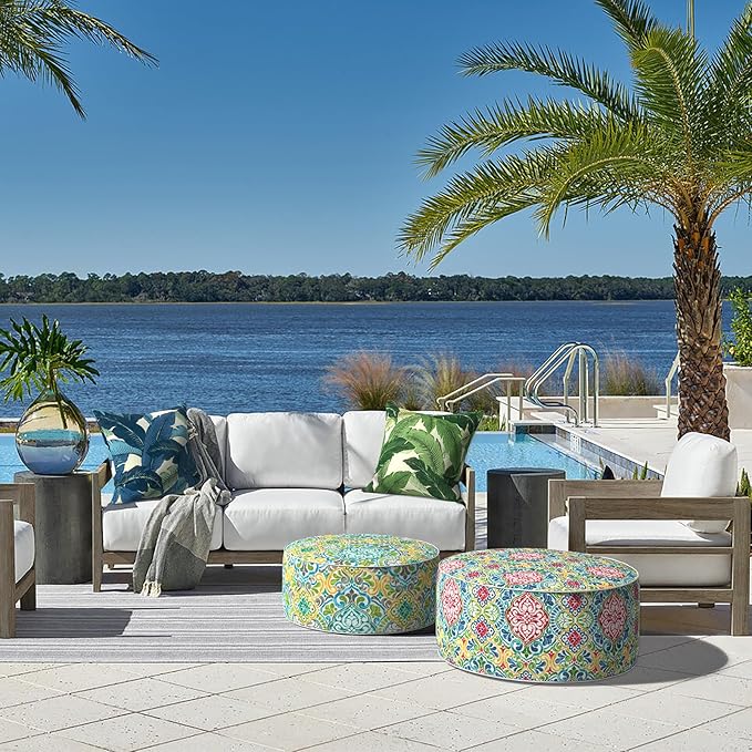 LVTXIII Indoor/Outdoor Inflatable Ottoman, D31 x H14 Inch Large Round Ottoman, All Weather Foot Rest Stool, Portable Footrest for Patio, Garden, Camping and Home - Damask Red-Ruum Studio Home