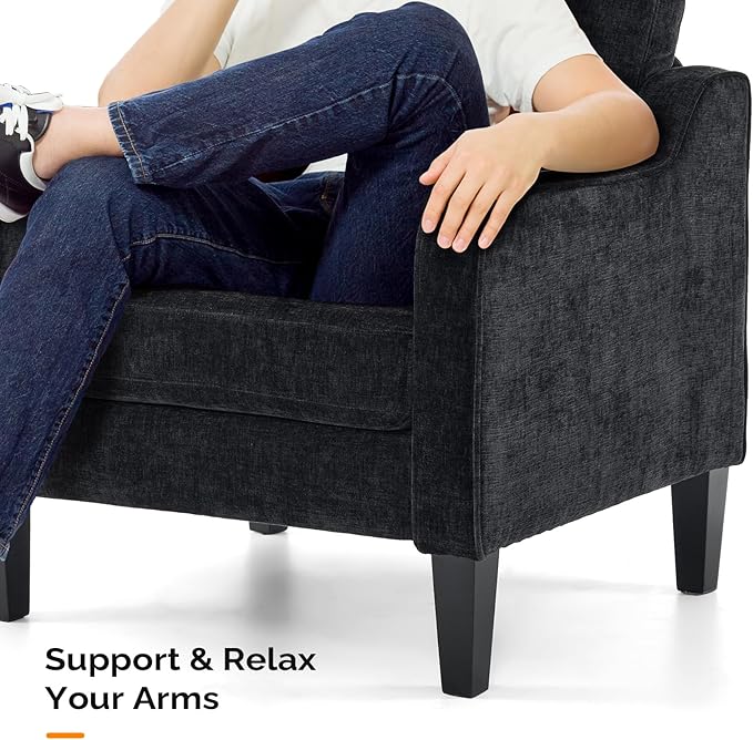 VINGLI Living Room Chairs Set of 2, Black Accent Chair 5.5" Thick Seat Cushion Comfy Chair Soft Chenille Side Chair Upholstered Arm Chair for Bedroom, Play Room, Apartment, Office (Black)-Ruum Studio Home