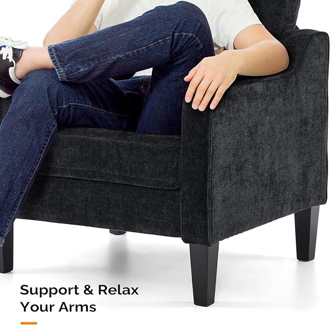 VINGLI Mid Century Modern Accent Chairs, Black Soft Chenille Reading Chair Upholstered Armchair Side Chairs Sofa Couches for Living Room, Bedroom, Apartment-Ruum Studio Home