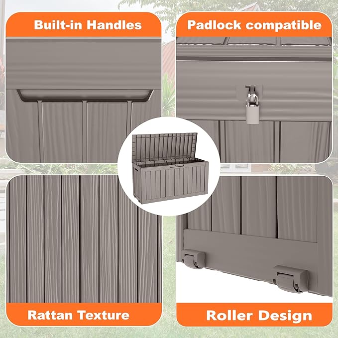 75 Gallon Resin Deck Box, Lockable Patio Outdoor Storage Box for Furniture, Garden Tools and Tools Storage, Waterproof Outside Storage Boxes - Grey-Ruum Studio Home