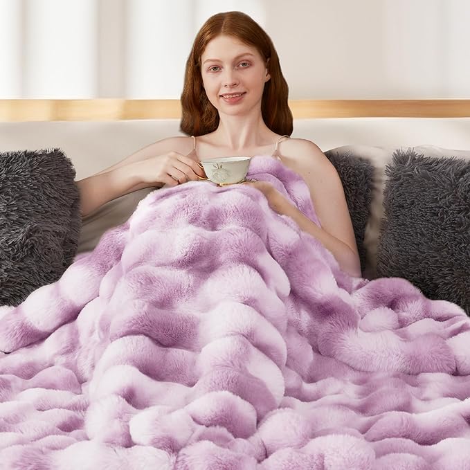 Touchat Luxury 1000GSM Faux Rabbit Fur Throw Blanket for Women, Super Heavy Warm Cozy Blankets for Couch Bed Sofa, Bubble Plush Fuzzy Soft Mink Blanket for Living Room Bedroom, Purple-Ruum Studio Home