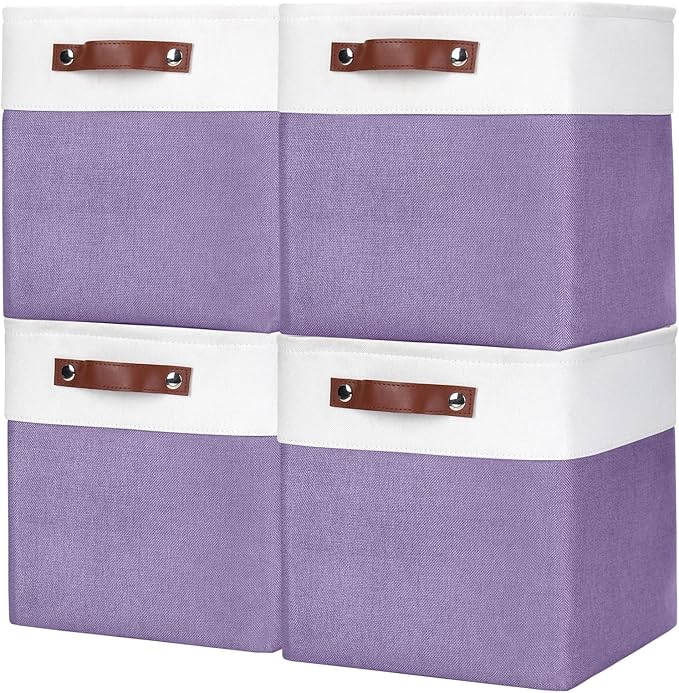 Collapsible Fabric Storage Cubes 11x11 Cube Storage Bins, 4 Pack Closet Baskets Box with Handles for Organizing, Shelf, Toys, Clothes, Home, Office, Nursery (Purple&White)-Ruum Studio Home