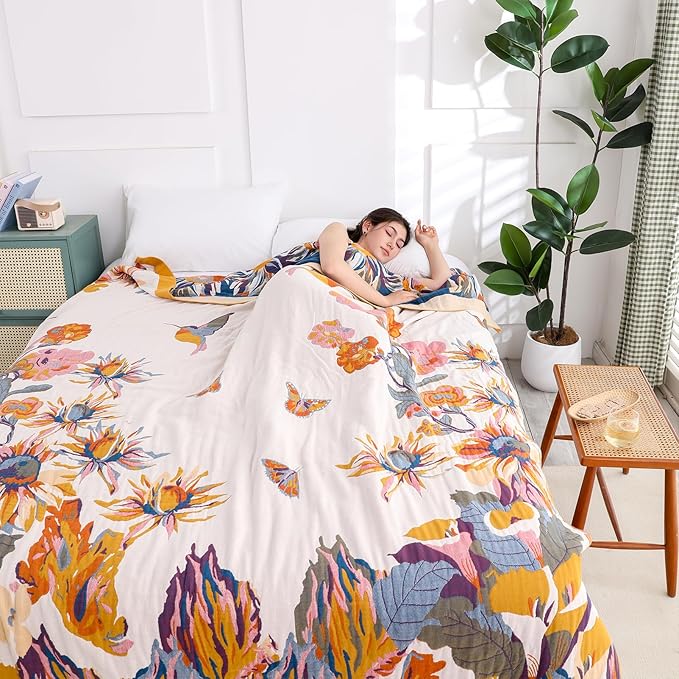 Snycler Boho Throw Blanket for Bed - 100% Cotton Ultra Soft Rustic Quilt - Watercolour Floral Printed Farmhouse Decor Bed Fall Blankets,80"×90" All Season Rustic Throw for Sofa Couch Chair-Ruum Studio Home