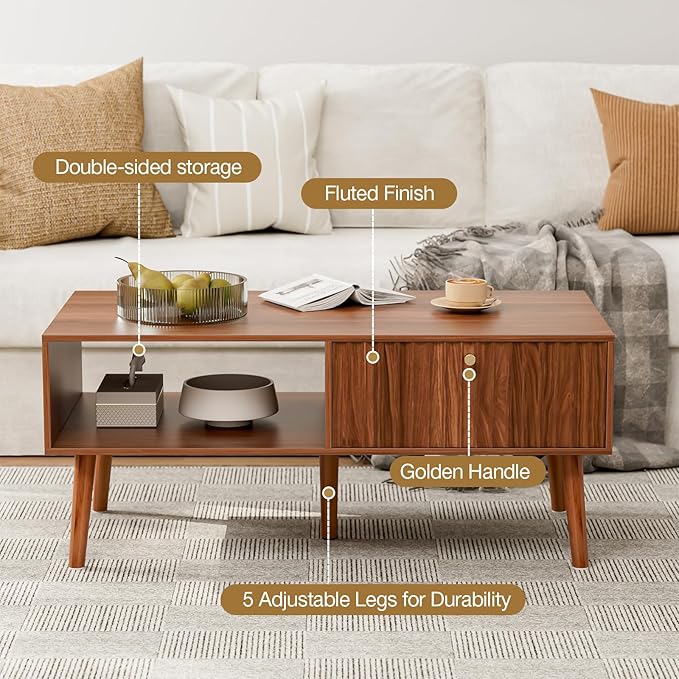 Coffee Table with Storage, Mid Century Dining Table with Fluted Drawer and Solid Wood Legs, Small Coffee Tables for Living Room, Walnut-Ruum Studio Home