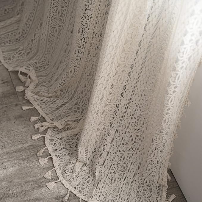 Sutuo Home Boho Curtain Crochet Lace Semi-Sheer Florals Hollow Knitted Handmade Tassels, Rod Pocket Window Treatment Vintage Rustic Farmhouse Drapes for Living Bedroom, 1 Panel 59" W x 96" L, Beige-Ruum Studio Home