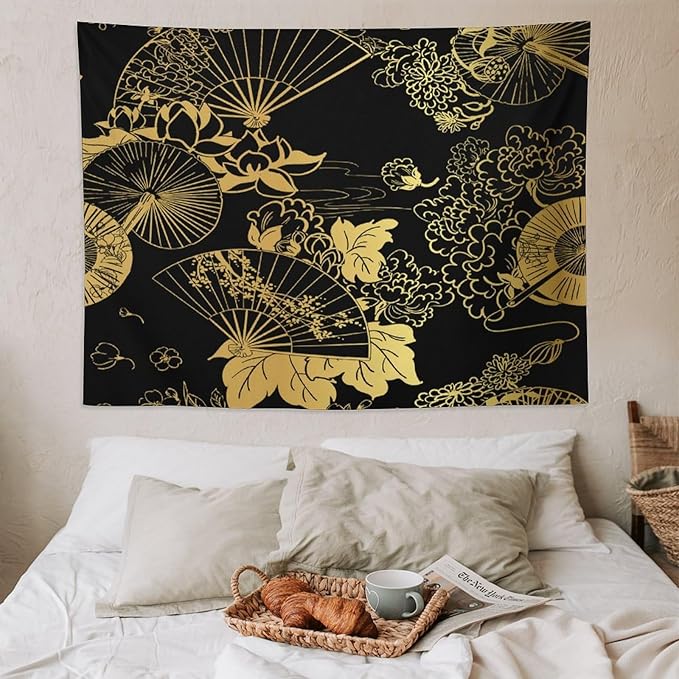 HZOHNAGO Japanese Tapestry Gold Flowers Umbrella Fan Pattern Printed Wall Tapestry Painting Wall Hanging for Bedroom Living Room Dorm 80" W x 60" H-Ruum Studio Home