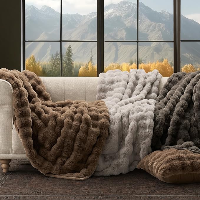 EVERGRACE Ultra Soft Luxury Fluffy Faux Rabbit Fur Throw Blanket, Thick Warm Fuzzy Blankets for Bed, Cozy Plush Reversible Blanket for Couch, Chair, Sofa, Dark Taupe, 60x80 Inches, 870 GSM-Ruum Studio Home