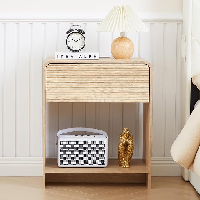 Fluted Nightstand with Charging Station, Mid Century Modern Bed Side Table End Table with Drawer Storage, Large Wooden Night Stands Bedside for Bedroom Living Room Sofa Office, Natural-Ruum Studio Home