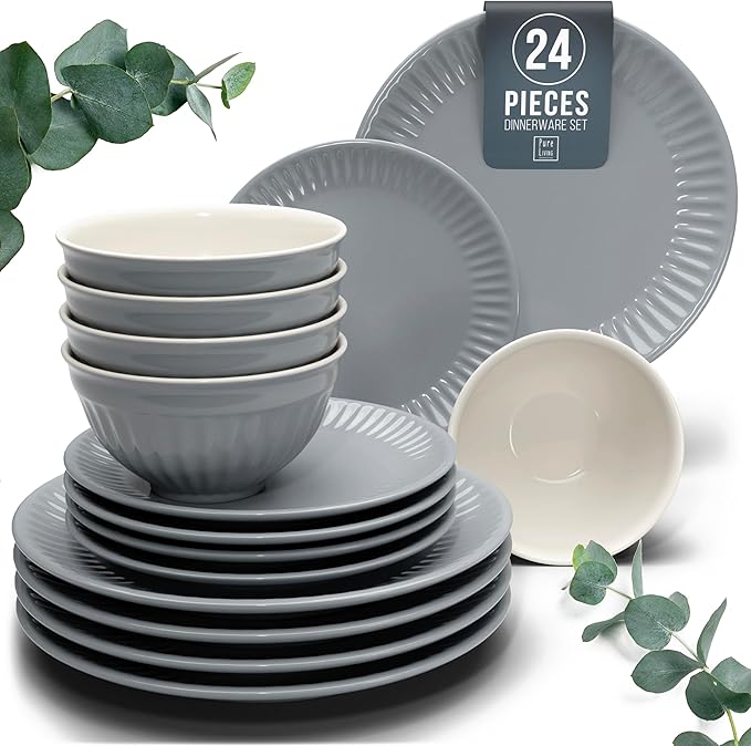 Stoneware Dinnerware Set for 8 People HYGGE 24-Piece - Elegant Scandi Design - Premium Dish Set - Bowl and Plate Set - Tableware for 8 People in a Ribbed Design - Pure Living in Gray-Blue-Ruum Studio Home