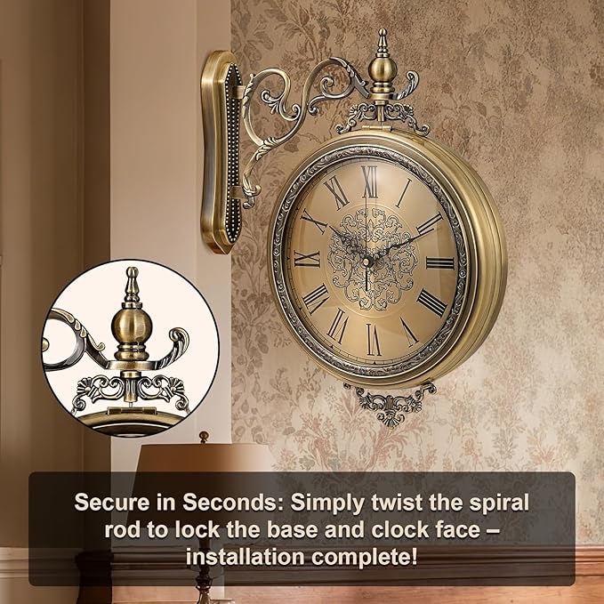 Large Vintage Double Sided Wall Clock with Glass & Metal, Roman and Arabic Numerals, Silent Non-Ticking Battery Operated Antique Clock for Living Room, Office, Hallway Decor (15x18.5 Inch)-Ruum Studio Home