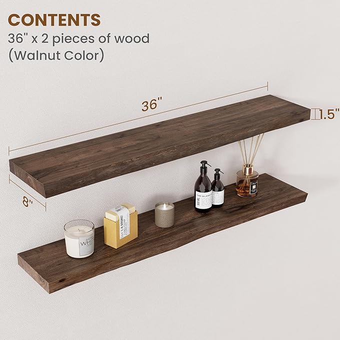 Floating Shelves for Wall Decor, Rustic Solid Elm Wood Live Edge Floating Shelves Wall Mounted, Wall Shelves with Invisible Bracket for Living Room Bathroom Bedroom Kitchen, 36 Inch Set of 2, Walnut-Ruum Studio Home