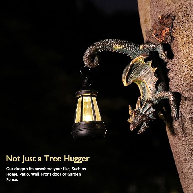 Solar Dragon Tree Hugger Statue Wall Decor - Gothic Garden Statue with Solar Lantern, Outdoor&Yard Decor, Fantasy Dragon Figurine for Trees, Walls, or Fences - Unique for Men & Women-Ruum Studio Home