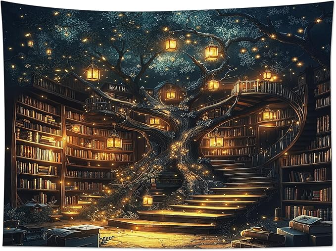 HVEST Fantasy Library Bookshelf Tapestry Wall Hanging Fairytale Tree Magic Bookshelf Tapestry Aesthetic Retro Vintage Tapestries for Bedroom Living Room Dorm, 51L x 59W Inches-Ruum Studio Home