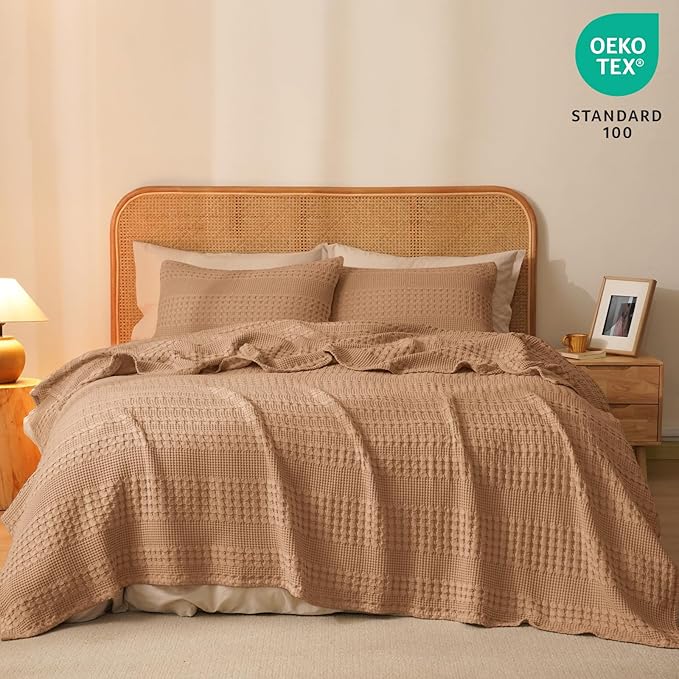 PHF 100% Cotton Waffle Weave Blanket Queen Size, Soft Lightweight Breathable Cozy Summer Blankets for Bed, Luxury Aesthetic Woven Bedding for Home Decor, 90"x90", Camel-Ruum Studio Home