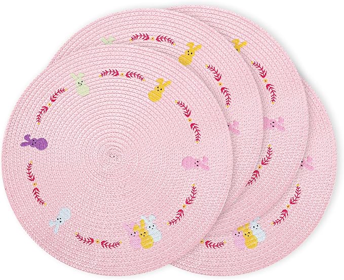 Whaline 4Pcs Round Bunny Easter Placemats Pink Rabbit Embroidered Place Mats Spring Cute Rabbit Dinner Table Mat Easter Dining Kitchen Table Mats for Home Wedding Baby Shower Birthday Party Decor-Ruum Studio Home