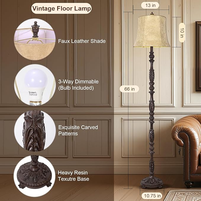 Scenekoy Vintage 66” Tall Floor Lamp for Living Room Bedroom, Retro Resin Carved Standing Lamp with Faux Leather Shade, 3-Way Dimmable Bulb, Rotary Switch Rustic Corner Light for Home Decor-Ruum Studio Home