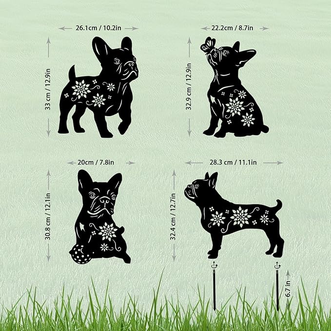 4 Pack Bulldog Metal Garden Decorative Stakes, Weather Proof Puppy Silhouette Statues for Yard, Patio,Outdoor Decor for Bulldog Lovers and Pet Owners-Ruum Studio Home