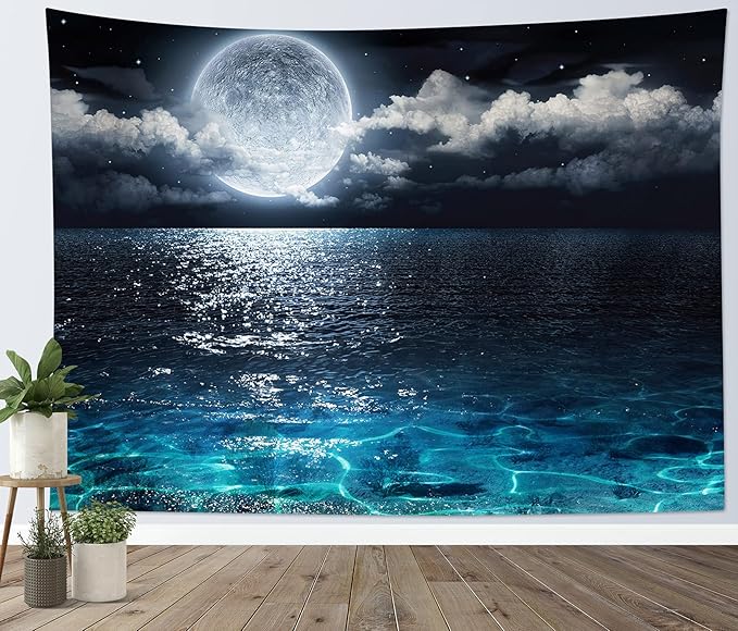 LB Night Sky Ocean Tapestry Full Moon on Sea Tapestry Wall Hanging Fantasy White Cloud Watercolor Wall Art for Bedroom Living Room Dorm Wall Decor, 59Wx51H inches-Ruum Studio Home