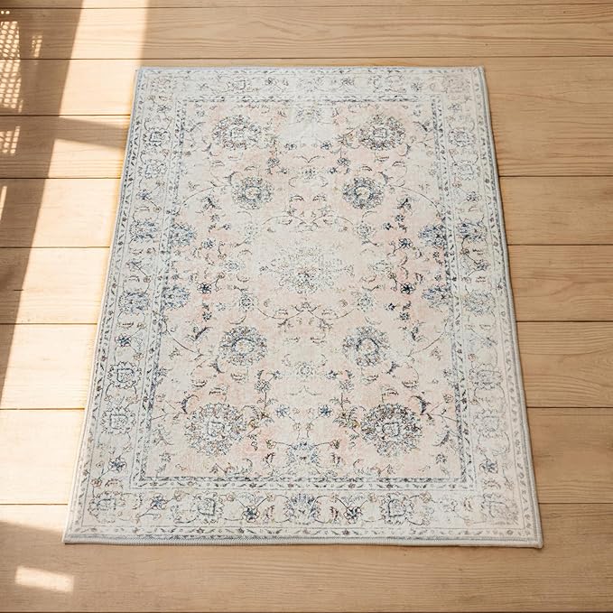 3'x5' Vintage Floral Rug - Persian Inspired Low-Pile Faux Wool Area Rug, Non-Slip Washable Small Rug for Bedroom, Nursery, Dorm, Soft Pink Boho Chic Decor-Ruum Studio Home