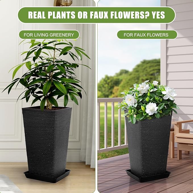 Tall Black Planter Set of 2 for Outdoor Indoor Plants,21.3in Large Tapered Plant Pots with Drainage Trays Holes,Resin Extra-Thick Flower Pots for Outdoor Patio Front Porch Backyard Decor-Ruum Studio Home