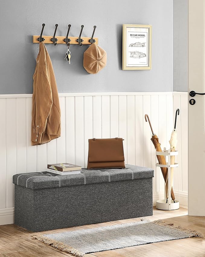 SONGMICS Mazie Collection - 43 Inches Ottoman Storage Bench, 35 Gal. Folding Chest with Breathable Linen-Look Fabric, Load up to 660 lb, for Entryway, Living Room, Bedroom, Dark Gray ULSF077G04-Ruum Studio Home