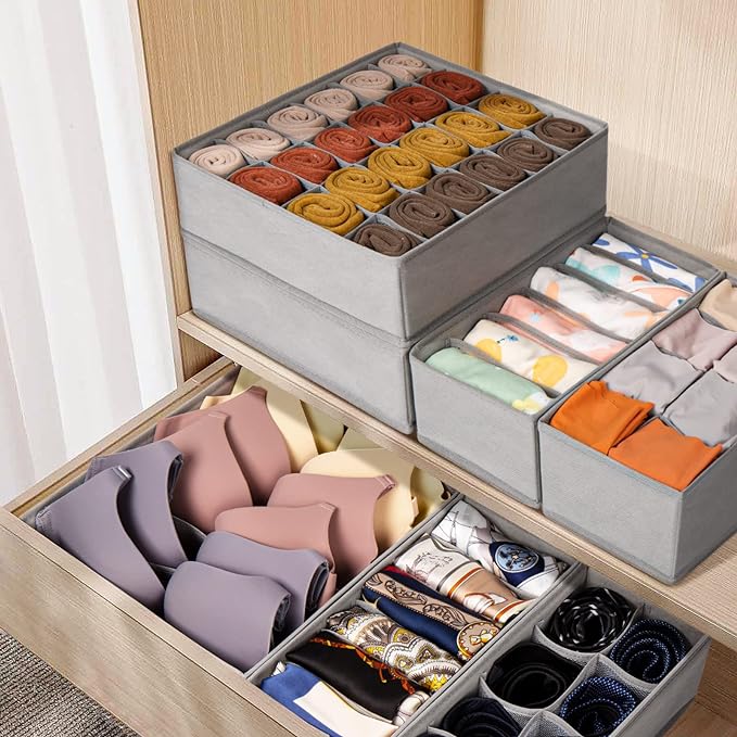 6 Pack Sock Underwear Drawer Organizer Dividers, 58 Cell Foldable Fabric Dresser Closet Organizers and Storage Bins for Clothing, Baby Clothes, Bra, Panty, Scarf, Ties (Grey)-Ruum Studio Home