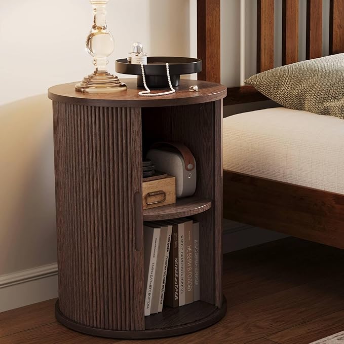 LINSY HOME Round Fluted End Table, Tall Side Table with Sliding Tambour Door and Storage Shelf, Modern Bedside Table, Mid-Century Nightstand for Living Room, Bedroom, Walnut-Ruum Studio Home