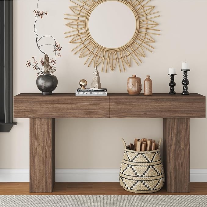 63 Inch Long Console Table for Entryway, Farmhouse Wood Rectangular Sofa Table Behind Couch Table, Narrow Entryway Table for Living Room, Entrance, Hallway, Foyer, Easy Assembly (Brown)-Ruum Studio Home