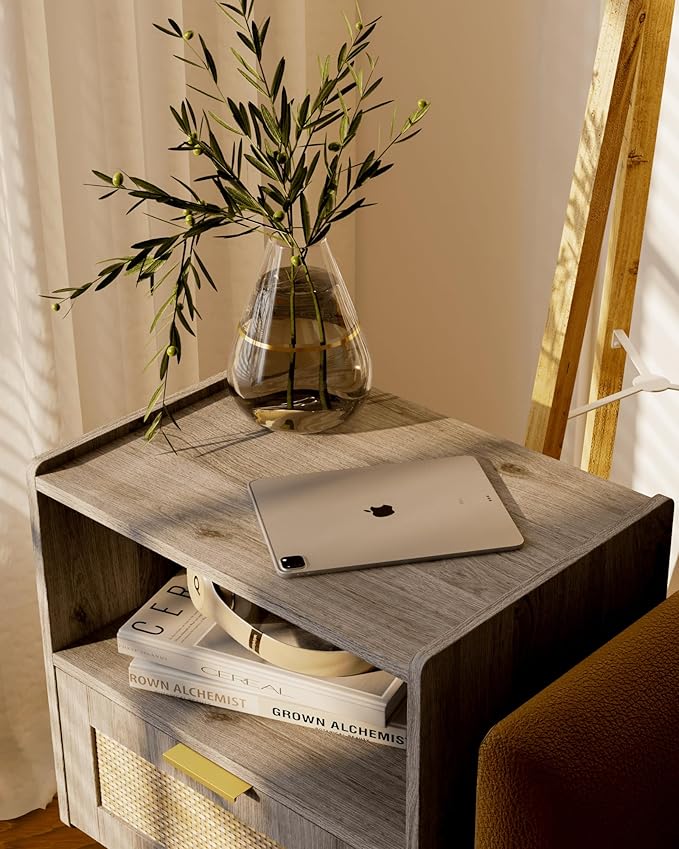 Rattan Nightstand,Modern Bedside Table with Storage Drawer and Open Wood Shelf, for Living Room, Bedroom and Small Spaces, Accent Night Stand with Solid Wood Legs, Easy Assembly(Grey Oak)-Ruum Studio Home