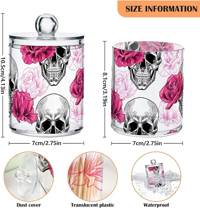 2 Pack Qtip Holder Dispenser Skull Rose Flower Bathroom Storage Canister Lid Acrylic Plastic Apothecary Jar Set Vanity Makeup Organizer for Cotton Swab/Ball/Round Pads, Floss-Ruum Studio Home