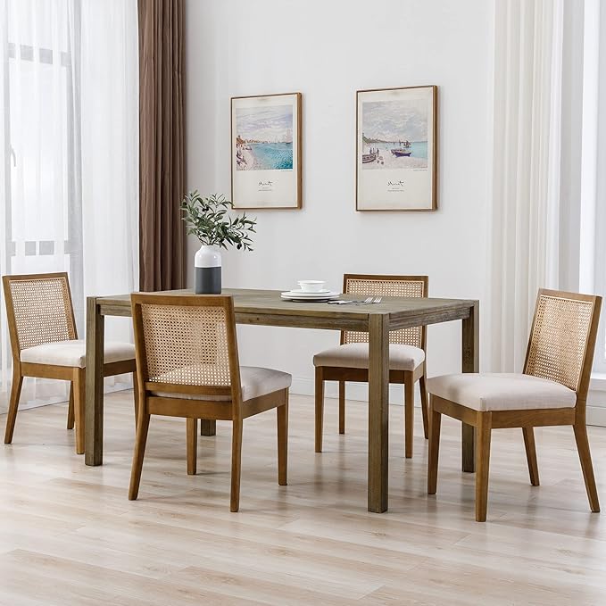 VESCASA Upholstered Dining Chairs with Square Rattan Back, Armless Padded Linen Cushion Dining Chairs with Wood Legs for Dining Room, Kitchen, Set of 2, Natural Frame-Ruum Studio Home