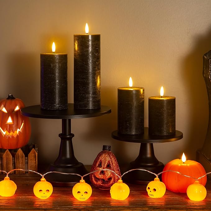 Halloween Flameless Candles, 4 Pack Battery Operated Halloween Candles with Remote, Wax LED Fake Pillar Candles Fireplace/Shelf Decor D3 H 5" 6" 7" 9" Black-Ruum Studio Home