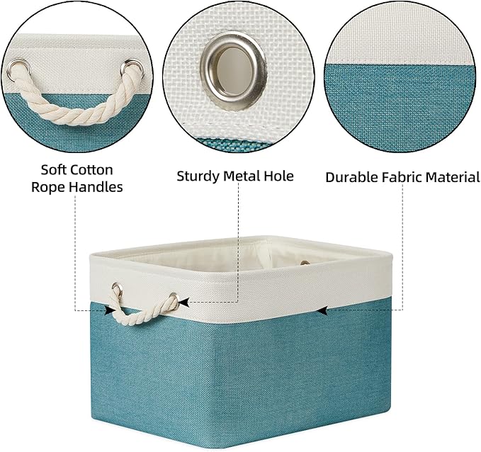 Bidtakay Basket Storage Bins with Handles Fabric Large Storage Baskets for Organizing Set of 3 Collapsible Rectangular Basket for Shelves Closet Organizer 15 X 11 X 9.5 Inches(White&Teal Blue)-Ruum Studio Home