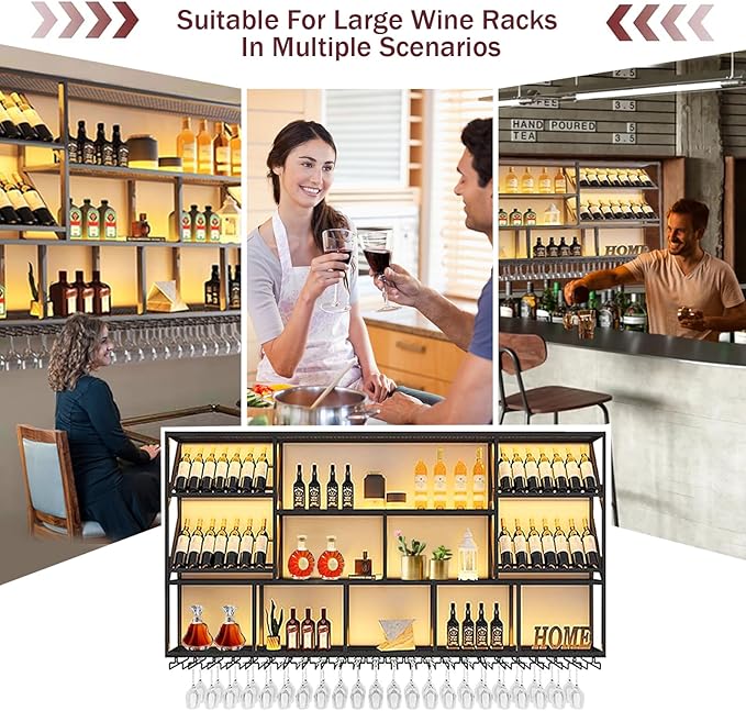51Inch Wall Mounted Wine Rack, 3 Tiers Large Bar Shelves with 12 Glass Holder, Metal Wine Bottle Display Shelf, Modern Iron Liquor Shelf, for Kitchen Dining, Home Bar, Cellar (51.1" W)-Ruum Studio Home