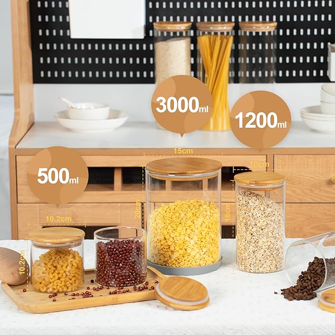 22oz Straight cylindrical Airtight Storage Jars with Bamboo Lid Set of 6 Storage Container Stackable Spice Jar, Kitchen Canister for Sugar, Tea, Cookies and Coffee beans (with Black Lable)-Ruum Studio Home
