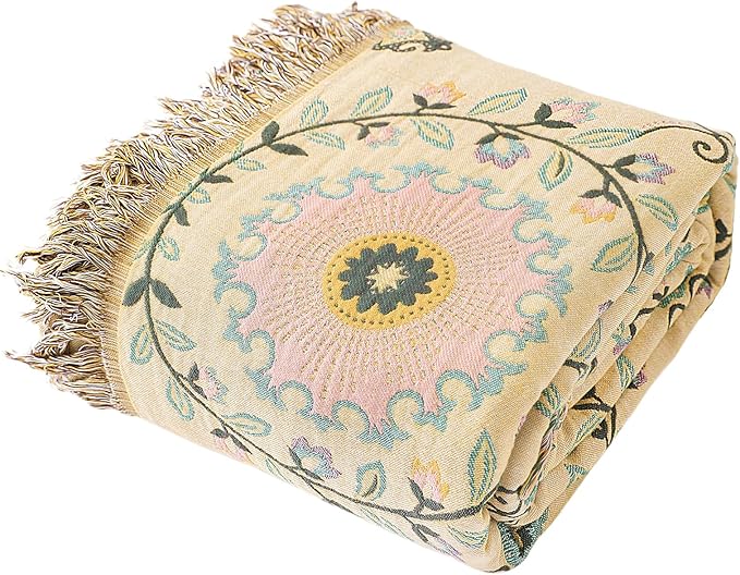 Snycler Boho Throw Blanket 60"x80" - 100% Cotton Ultra Soft Rustic Quilt, Green Floral Printed Farmhouse Decor for Bed, Sofa, Couch, Chair - All Season Cozy Blanket-Ruum Studio Home