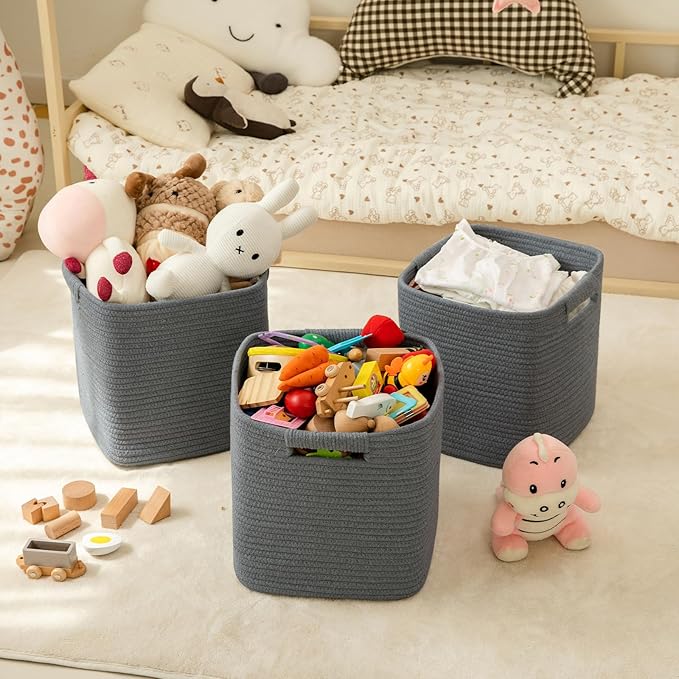 OIAHOMY Storage Cubes 11 Inch Storage Bins-3 Pack, Cotton Rope Woven Baskets for Organizing, Square Baskets for Shelves Organizer, Classroom, Toy Basket, DarK Grey-Ruum Studio Home