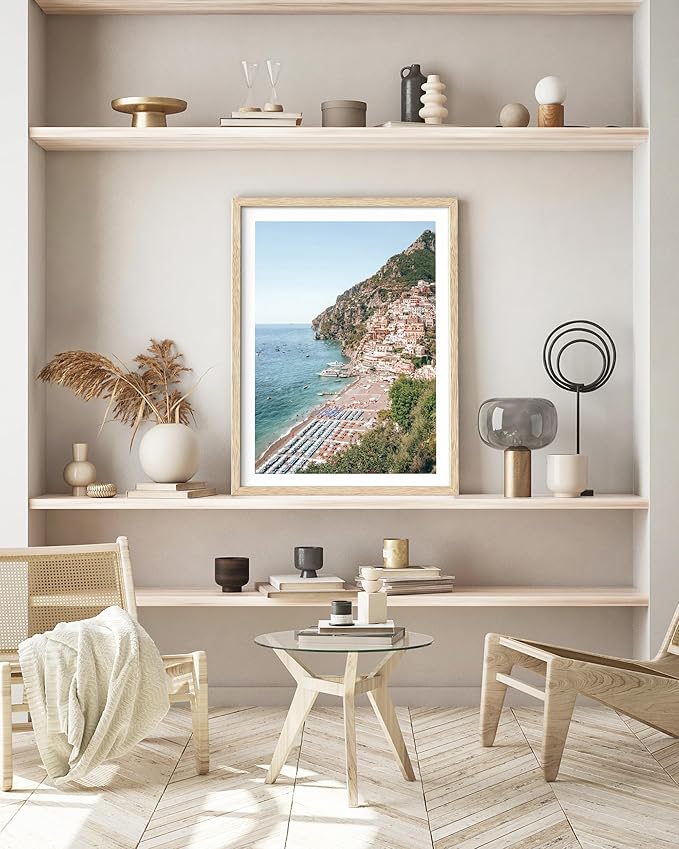 HesenDot Natural OAK Wood Framed Italian Positano Beach Wall Art,12x16in Amalfi Coast Canvas Wall Print,Summer Coastal Landscape Poster Wall Decor for Living Room,Bedroom,Office Gallery Set of 1-Ruum Studio Home