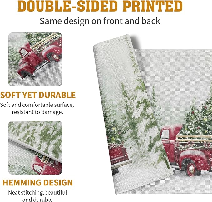 Red Truck Christmas Placemats Set of 4, 12x18 Inch Green Pine Tree Snow Xmas Table Mats Seasonal Rustic Farmhouse Linen Fabric Place Mats for Winter Holiday Party Kitchen Dining Decor-Ruum Studio Home