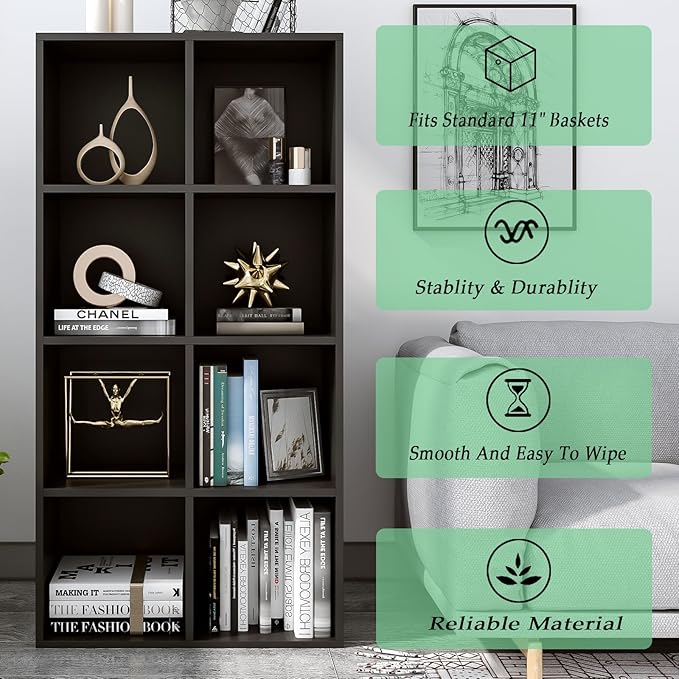 8-Cube Storage Shelf Bookcase - Wooden 4-Tier Floor Standing Open Bookshelf, Modern TV Stand up to 55 Inchs for Home and Office, Black-Ruum Studio Home