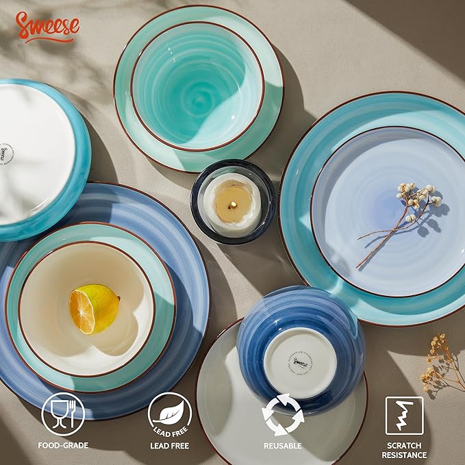 Sweese Plates and Bowls Sets, 18 Piece Dinnerware Set Porcelain Round Dinner Set for 6, Scratch Resistant Dishes Set, Dishwasher and Oven Microwave Safe Handpainted Swirl Dishware Sets, Assorted Blue-Ruum Studio Home