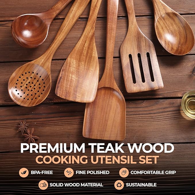 AIUHI Nonstick Natural Wooden Kitchen Utensils Set, Smooth Finish Teak Wood Spoons for Cooking, Comfortable Grip Spatula for Elaborate Cooking 6Pcs-Ruum Studio Home