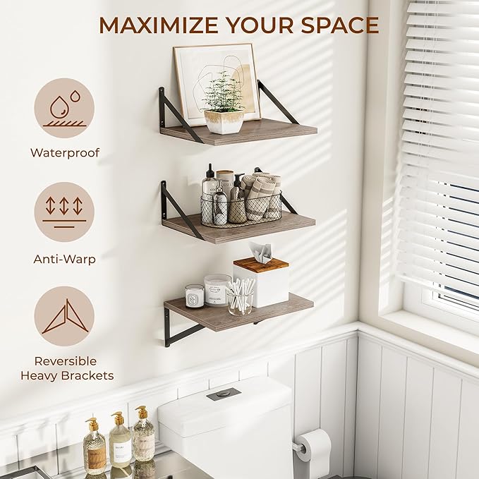 Heimlove Deep Floating Shelves for Wall, 12 Inch Deep Floating Shelves Set of 3, 16W x 12D Wood Wall Shelves, Wide Wood Shelves with Metal Bracket for Living Room, Kitchen, Office, Bedroom - Grey-Ruum Studio Home