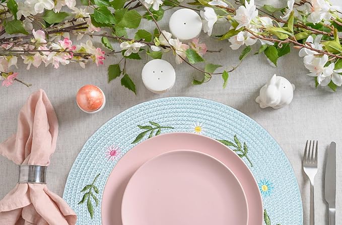 Whaline 4Pcs Round Daisy Placemats Spring Flower Embroidered Place Mats Greenery Floral Dinner Table Mats for Home Holiday Wedding Bridal Baby Shower Birthday Party Decor-Ruum Studio Home